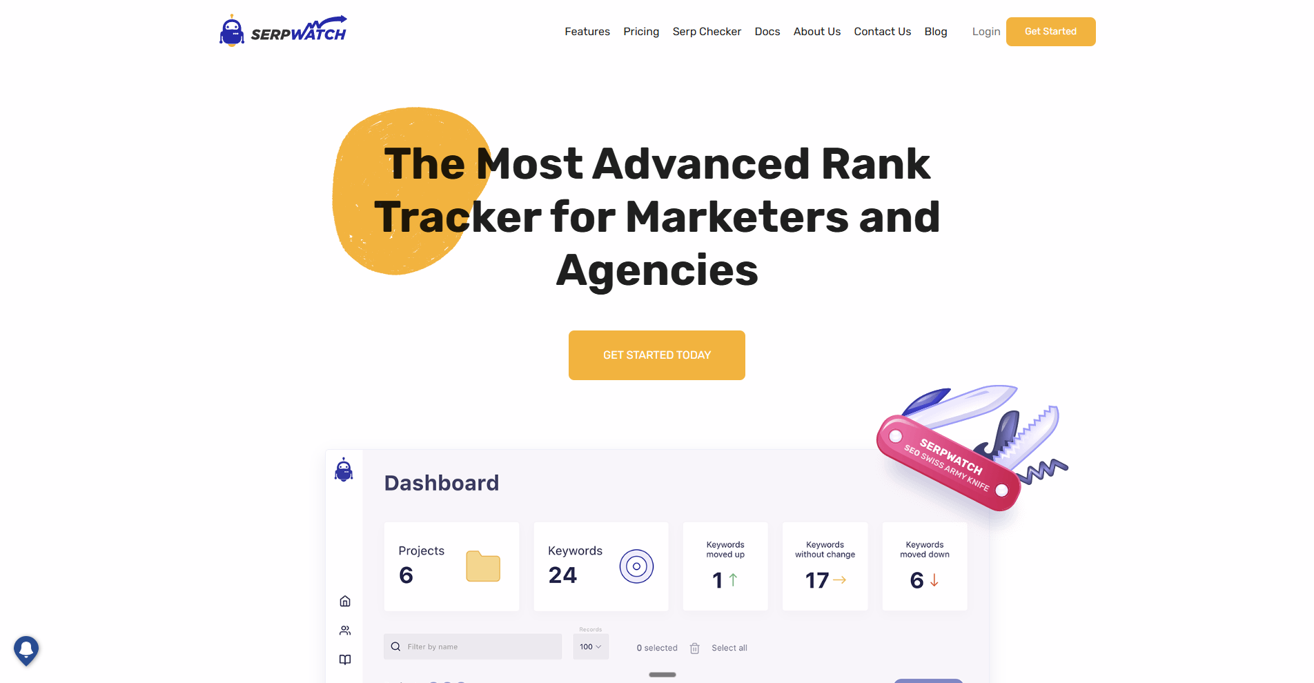 SerpWatch.io marketing site hero with headline and dashboard preview